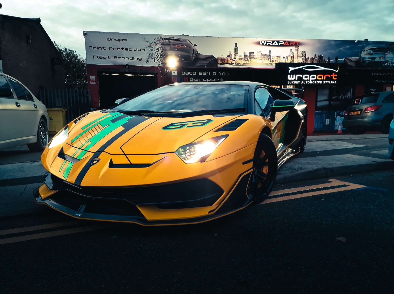 Close-up of Lamborghini SVJ 63 geometric race livery